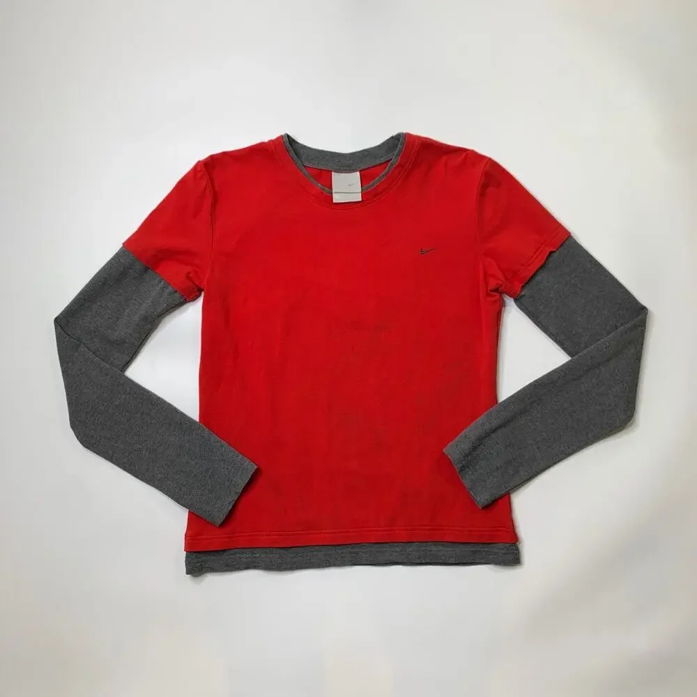 Vintage Nike T Shirt Youth Boys XL Red Gray Layered Double Sleeve Crew 90s